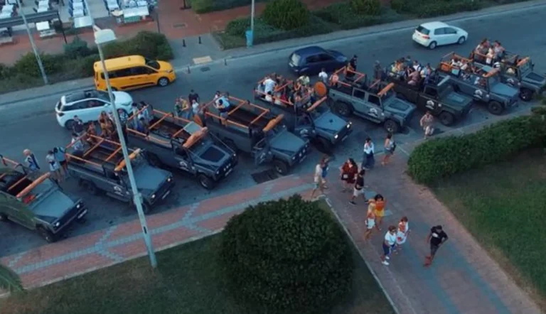 Aerial view of open-top jeeps parked in a row as guests gather