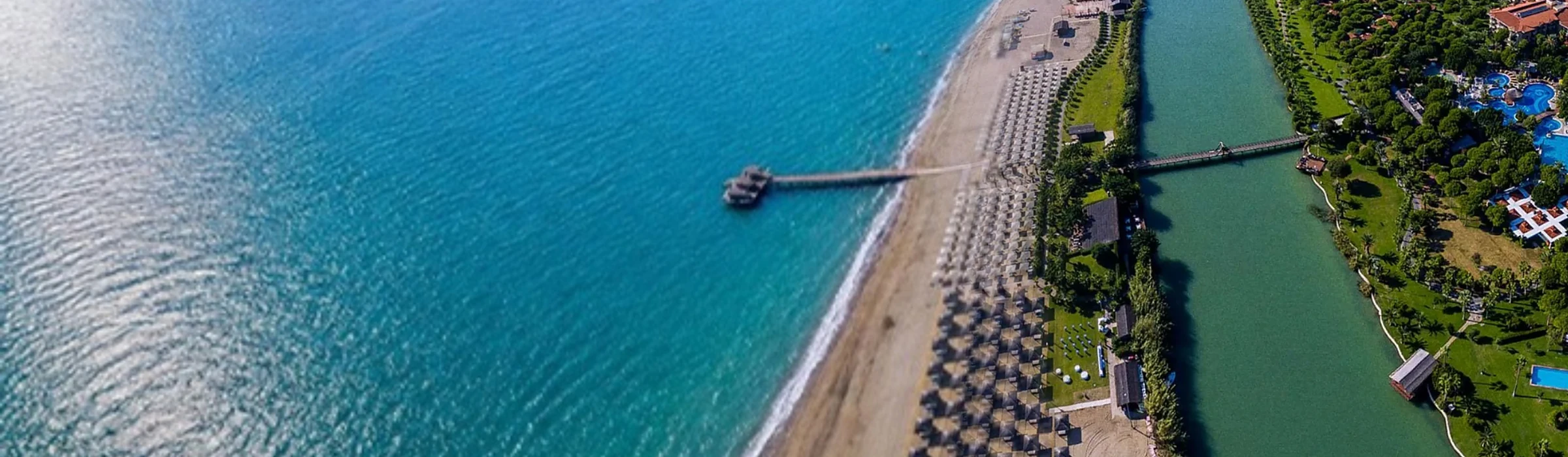 Aerial view of the Belek beach, river and resorts