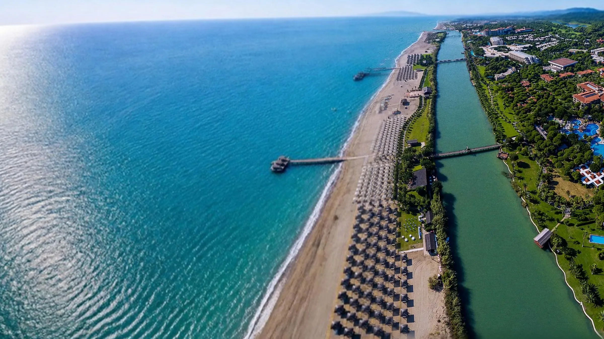Aerial view of the Belek beach, river and resorts