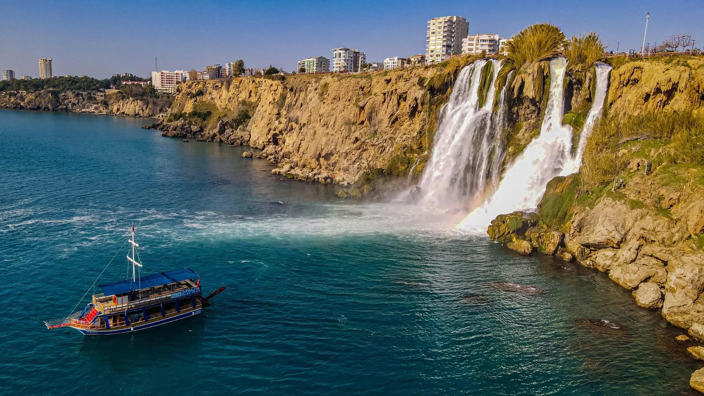 Lower Duden waterfall falling into the sea near Lara